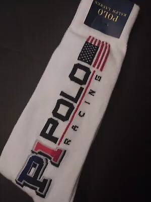 💥P1 Polo Ralph Lauren Racing Socks - White Red Blue - American Flag Size 10-13 • $35