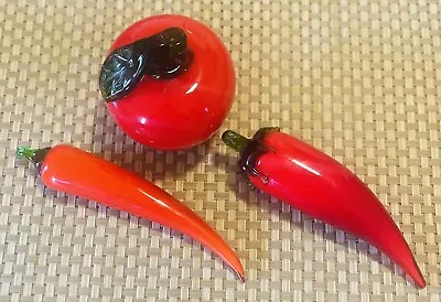 Lot 3 VTG Murano Style Veggies Fruit 2 Chili Peppers Apple Art Glass Red Orange • $22