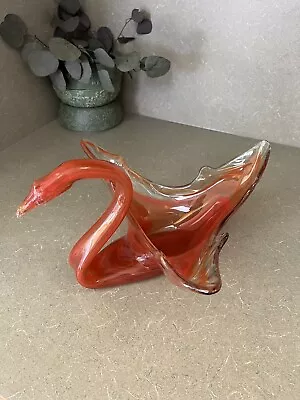 Vintage MCM Art Glass Murano/Sooner Style Swan Bowl Dish Orange Swirl 13x11” • $4.99