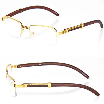 Retro Vintage Clear Lens Gold Wood Frame Fashion Eye Glasses Designer Mens Women • $9.95