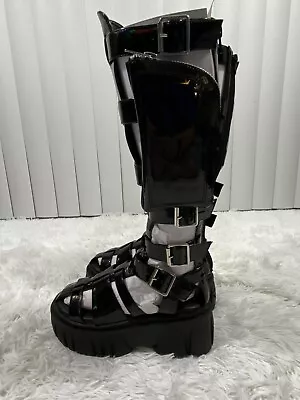 CLUB EXX Stage Diver Faux Leather Knee High Holographic Gladiator Sandals Black • $100