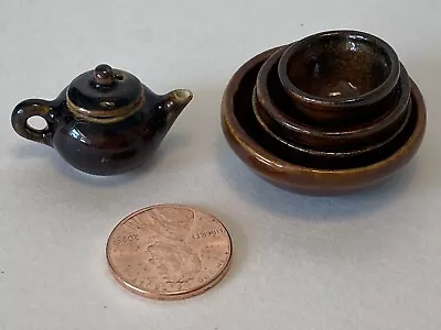 Vintage Brownware Set Of Nesting Bowls & Teapot • $24.99