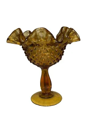 Vintage Fenton Amber Glass Dish With Ruffled Edge Hobnail Compote • $20