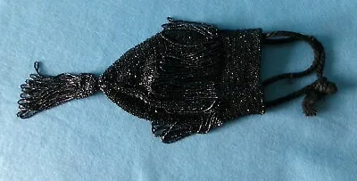 Vintage Flapper Style Draw String Black Beaded Bag - Flawed • $25