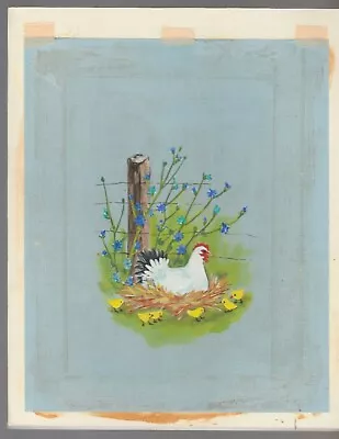 HELLO EASTER Chicken In Nest W/ Chicks Fence Post 8x10  Greeting Card Art #E2329 • $34.61