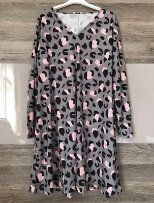 £7.99 • Buy Grey/black/pink Leopard Animal Print Swing Dress Long Top Lagenlook 12-16 16-20