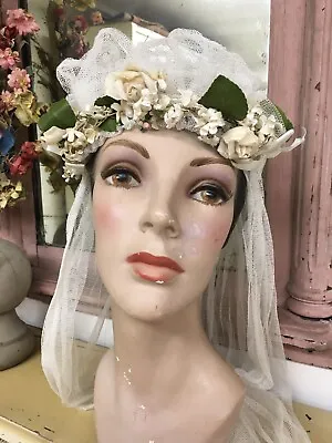 Antique 1900-1920 Ladies Wedding Veil Cotton Netting Millinery Flowers #2 • $39