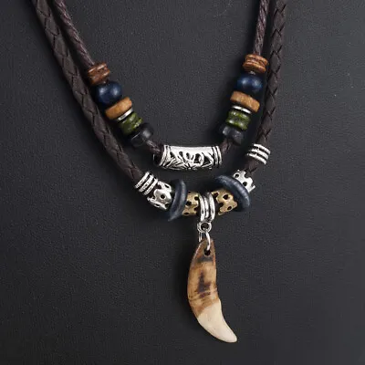 Vintage Men's Wolf Tooth Pendant Leather Beaded Weaved Prayer Necklace Jewelry • $8.79