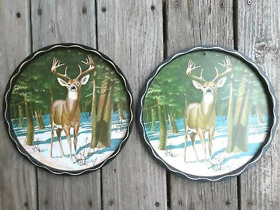 2 Vintage Metal Trays 11  Deer Trees Winter Scene Forest Round Black Serving • $9