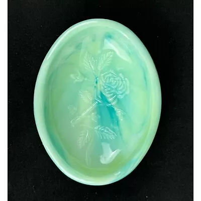 Vintage Avon Victoriana Green Teal Soap Dish Rose Design Swirl Milk Glass 5 Inch • $12.74