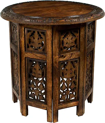 Solid Wood Accent End Table - Hand Carved Vintage Boho Folding Side Table - Smal • $99.99