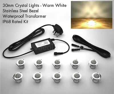 £24.99 • Buy 10 X 30mm Crystal Domed LED Lights Decking/Plinth/Kickboard/Kitchen - Warm White