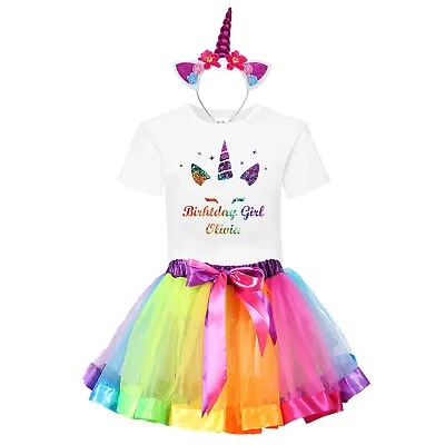 Personalised Unicorn Birthday Girl Dress Outfits Rainbow Tutu Band Party Set #TU • £11.99