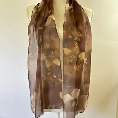 Floral Scarf Sheer Brown Yellow White Black Eyed Susans Magnolia Sunflower • £14.47