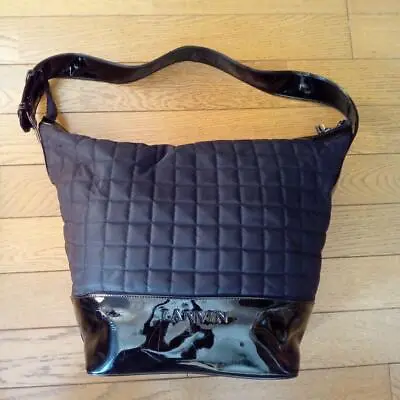 LANVIN Enamel Quilting Shoulder Bag Vintage Black Zip Authentic Logo Woman • £94.14