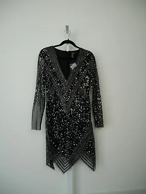 Aidan Mattox Beaded Long Sleeve Cocktail Dress Women's 2 Black/Silver Back Zip • $45
