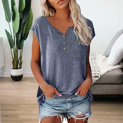 Womens Button Summer Loose T-shirt Tunic Tops Ladies Short Sleeve Casual Blouse • $17.01