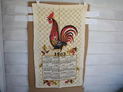 Vintage 1963 STEVENS Pure Linen Kitchen Calendar Towel .... ROOSTER • $8