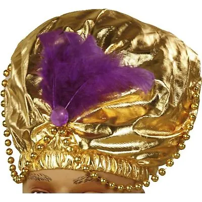 Genie Turban Adult Costume Hat Gold Sheik Karnak Sultan Swami Purple Feather Gem • $17.95