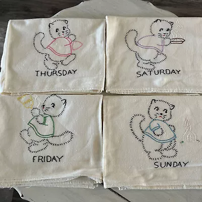 Vintage Hand Embroidered Kitchen Tea Towels Cats Thursday -Sunday (Set Of 4) • $15.84