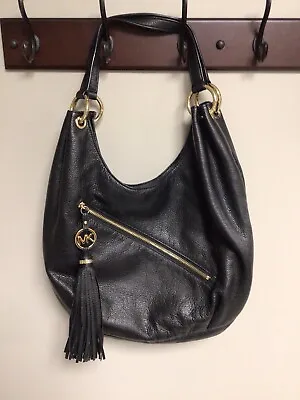 Black Pebble Leather Michael Kors Charm Hobo Handbag Purse  Outer Pocket Tassel • $50