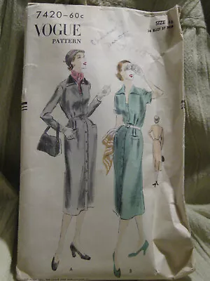 C 1950 Vogue 7420 Sz 16 Dress Pattern • $3.99