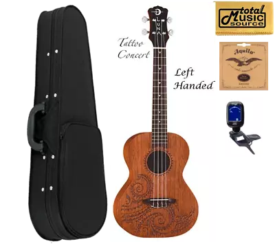 Luna UKE TC MAH L Mahogany Tattoo Concert Ukulele LEFTY Soft Case Bundle • $209.99