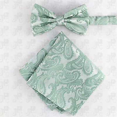 Mint Green NEW Paisley Pre-tied Butterfly Bowtie And Pocket Square Hanky Set • $12.39