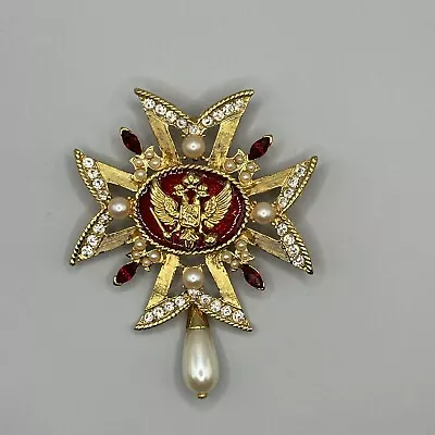 Vintage Heraldic Maltese Cross Faux Pearls Crystals Red Enamel Brooch Pendant  • $11.50
