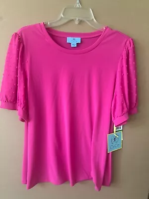 NWT Cece Women's Short Puff-Sleeve Mixed Media Knit Top US/L Pink • $14.99