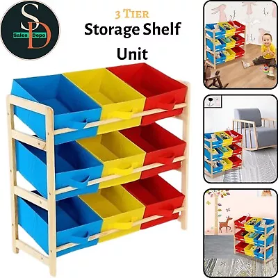 Childrens Kids 3 Tier Toy Bedroom Storage Shelf Unit & 9 Canvas Boxes Drawers • £29.99