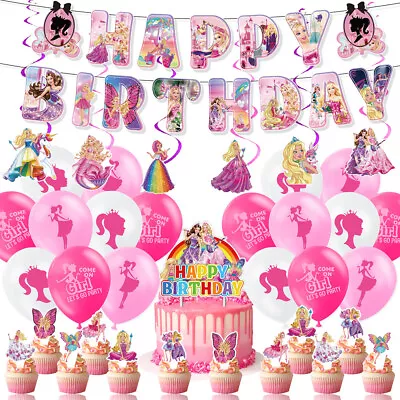 Barbie Theme Balloons Kid Birthday Party Cake Topper Flag Banner Set Decoration • $17.76
