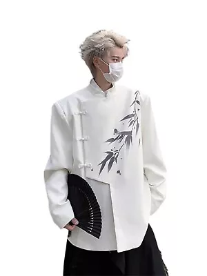 Trendy Chinese Style White Tunic Suit Jacket Mens Spring Plate Buckle Hanfu Coat • $173.99