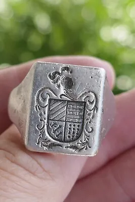 Antique Sterling Silver & Gold Family Crest Intaglio Seal Shield Ring -Size 10.5 • $495