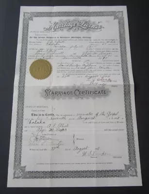 Old 1918 - EKALAKA MONTANA - Marriage License Certificate - Elliott / Dwyer • $9.99