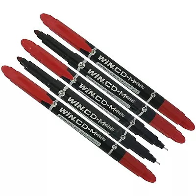 5 X WIN CD-M Fine Medium Soft Point Tip CD OHP Dual RED Permanent Marker Pens • £2.99