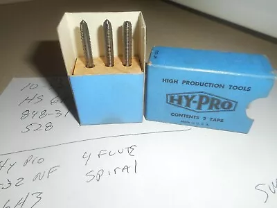 10-32 NF HS GH3 Hand TAP Set 4 FLUTE (2) Spiral (1) Straight 3 Pcs. HY PRO USA • $16.95