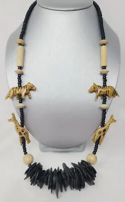 Vintag Large Necklace African Hand Carved Wooden Safari Animals Beaded • $35