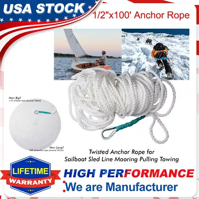 $29.99 • Buy 1/2 X100'Ft Twisted Three Strand Nylon Boat Marine Anchor Line Dock Mooring Rope