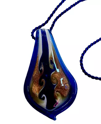 Art Glass Cobalt Blue Wave Surf Gold Sand Pendant Braided Cord Necklace 17  • $19.97