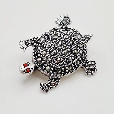 Vintage Carnelian Eyed Marcasite Encrusted Turtle 925 Sterling Sliver Brooch • $28