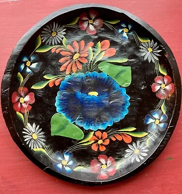Vintage Old Hand Painted Mexican Folk Art Wood Floral Batea Bowl Tole Tray 13” • $24.99