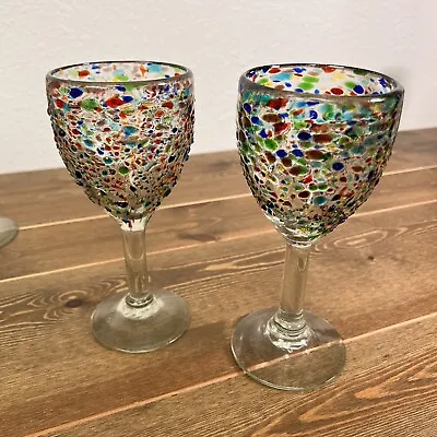 Hand Blown Mexican Confetti Wine Glass Water Goblet Multicolor Set Lot Of 2 • $38.72