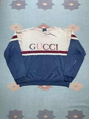 Vintage 80s Crewneck Sweatshirt Gucci Designer Spell Out Color Block Large Boxy • $50