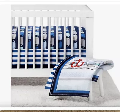 $34.99 • Buy Cloud Island By The Sea 4P Nursery Crib Bedding Set Navy Blues Whales Stripes
