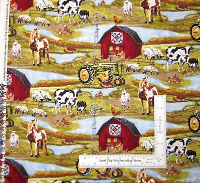 Farm Barn Tractor Fabric Scenic Animals Down On Farm Cotton By Henry Glass Yard • $10.98