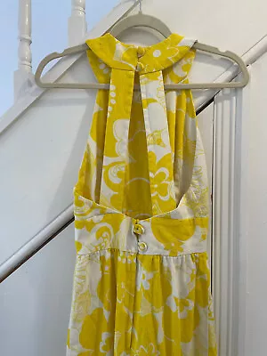 Vintage Psychedelic Print Maxi Dress Yellow White 8 Floral Print Summer Sun • £20
