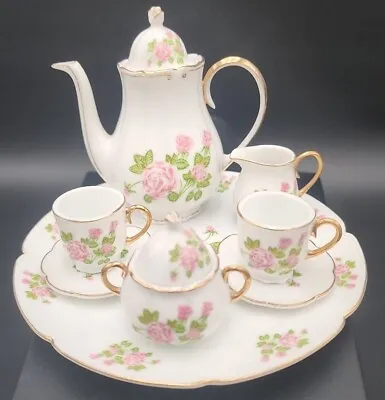 Mini Tea Set 10pc Pink Roses/ Green Leafs & Gold Handles & Trim ~ Beautiful! • $17.99