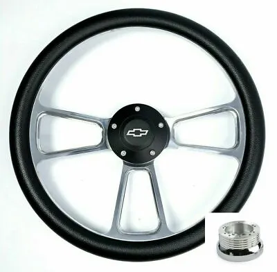 14  Polished Steering Wheel Leather Grip Bowtie Horn & Adapter 69-94 Chevy Cars • $260.01