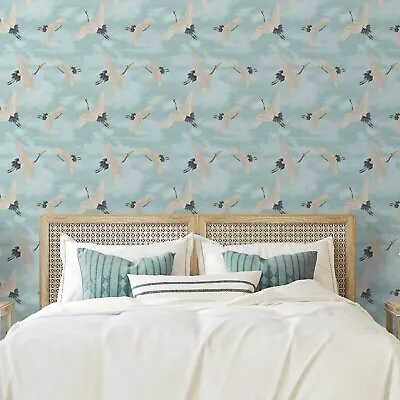 Oriental Japanese Birds Cranes Duckegg Blue White Metallic Silver Wallpaper • £9.44